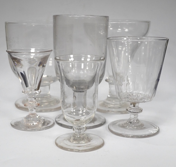 A group of 19th century rummers and other drinking glasses together with an 18th century small glass, 10cm - 14.5cm. Condition - some scratches, otherwise good